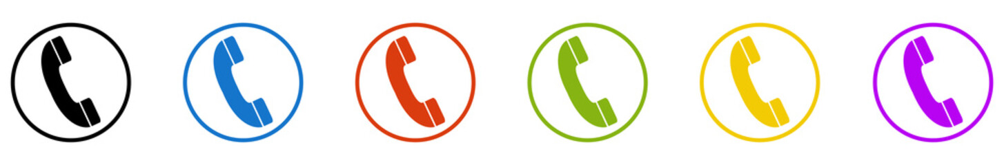 Obraz premium Banner mit 6 farbigen Icons im Kreis: Kontakt, Hotline oder Telefon