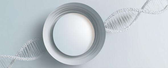 Abstract composition with overlapping white circles and double helix on a light blue backdrop