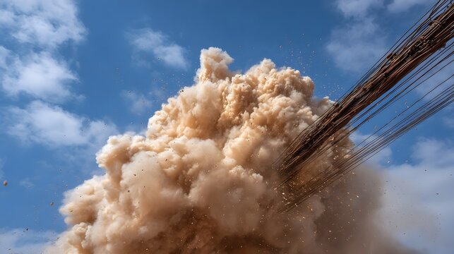 A powerful explosion generates a massive cloud of dust and debris with wires extending into the frame set against a clear blue sky