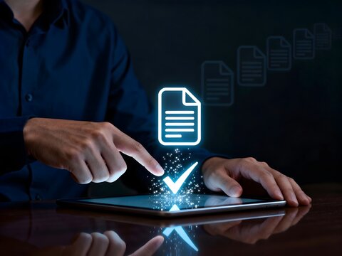 Man using a digital tablet to approve documents with a holographic check mark for business process automation