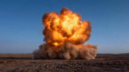 Massive explosion erupts with vibrant flames and billowing smoke in a barren desert under a clear blue sky