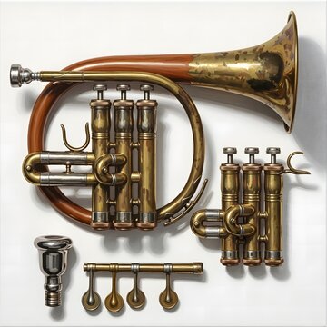 Vintage brass flugelhorn musical instrument disassembled with valves and mouthpiece isolated on transparent background.