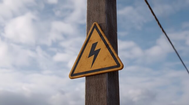 A yellow triangular high voltage warning sign is mounted on a wooden pole against a cloudy sky