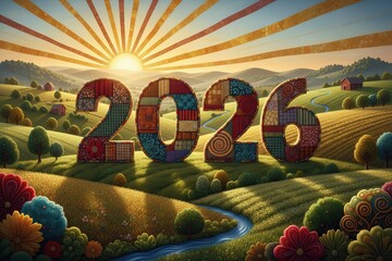 New year number 2026 constructed from with  Colorful Fabric Craft Design. Countryside Textile ArtLandscape with Sunrise