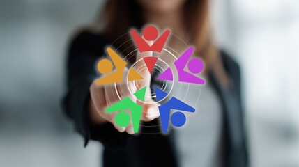 Businesswoman holding glowing colorful human icons in circular team formation. Concept of teamwork, collaboration, diversity, group cooperation and professional team dynamics in office setting.