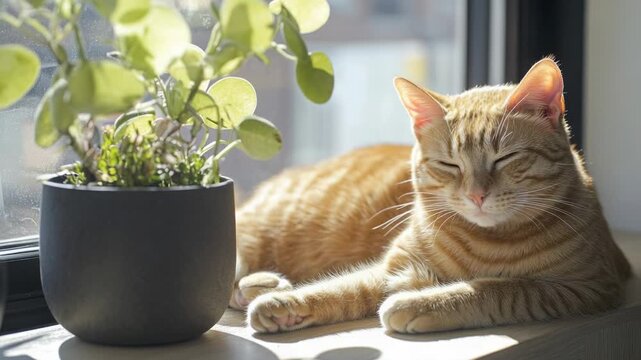 Video A domestic cat is resting on a window sill next to a potted plant, offering a glimpse into its peaceful daily life