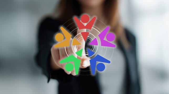 Businesswoman holding glowing colorful human icons in circular team formation. Concept of teamwork, collaboration, diversity, group cooperation and professional team dynamics in office setting.