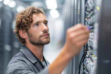 Focused IT technician connects Ethernet and fiber cables in a modern data center server rack, maintaining critical network infrastructure