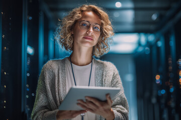 Confident female IT engineer in a dimly lit server room holding a tablet — modern data center professional managing technology infrastructure.