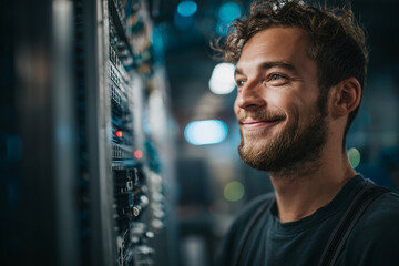 Smiling IT technician inspecting illuminated server rack in a modern data center, confident network engineer monitoring cloud infrastructure and systems