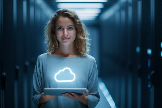 Smiling woman holding a tablet with a glowing cloud icon in a modern server room — cloud computing, IT, cybersecurity and digital infrastructure