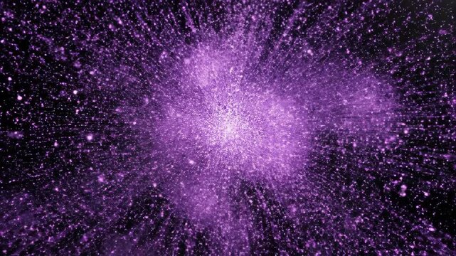 Seamless abstract visualization of a dark geometric plane fracturing and exploding into thousands of bright purple neon digital particles against a blank void data, modern, thousands