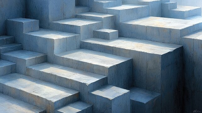 An abstract image featuring a series of concrete steps, illuminated by light and shadow, creating a geometric composition.