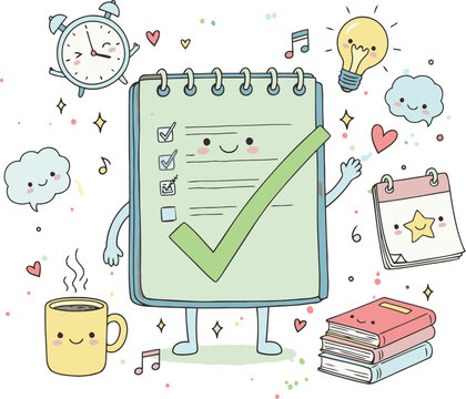 Adorable smiling checklist with cute characters making tasks fun and manageable for planning success