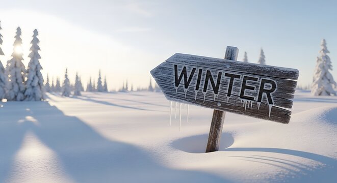 Wooden sign with the word winter covered in frost and icicles pointing left in a bright snowy landscape with sunlit trees. - Powered by Adobe
