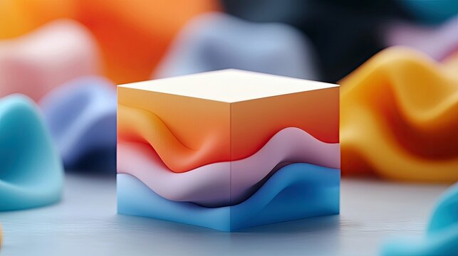 A close-up shot of an abstract cube with layered colors and soft, blurred shapes in the background, creating a vibrant and modern composition.