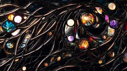 Close-up of a stained glass artwork featuring a complex pattern of colorful orbs and lines against a dark background, creating a mysterious and artistic visual.