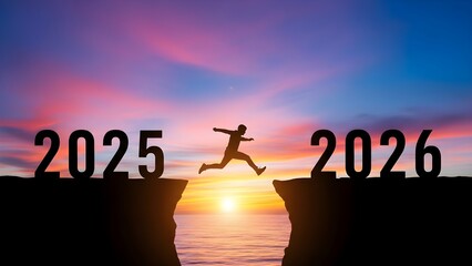 Silhouette of a person jumping from a cliff labeled 2025 to another labeled 2026 symbolizing the transition into the new year at sunset.