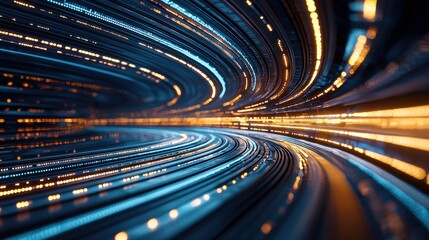 An abstract digital art piece showing a tunnel of data flow with glowing lights and motion blur, representing technology and the digital world.