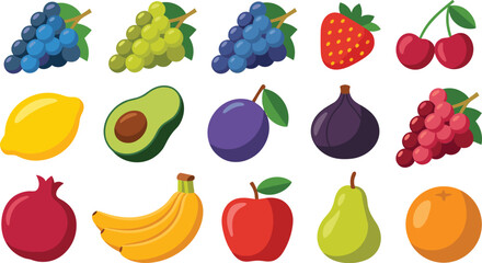 Mega Colorful Fruit Vector Collection Set Featuring Grapes, Strawberry, Cherries, Lemon, Avocado, Plum, Fig, Pomegranate, Banana, Apple, and Pear.