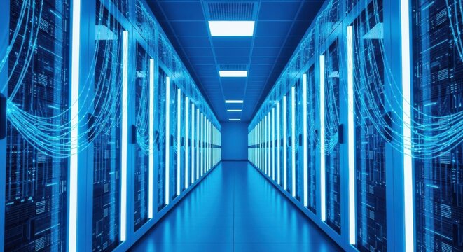 Blue Data Center Server Racks with Fiber Optic Cables