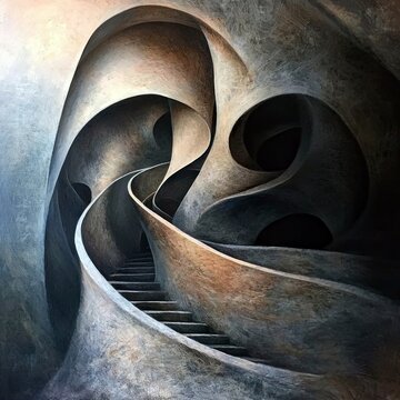 An abstract artwork featuring a staircase winding upwards through a complex, swirling architectural form. The image is lit dramatically, creating a sense of dep