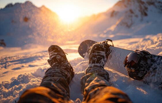 Snowboarder relaxes on a snowy slope with a vibrant sunset illuminating snow-capped mountains - Powered by Adobe