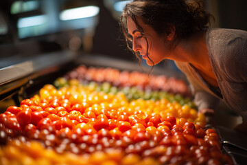Young woman leaning over a vibrant display of fresh tomatoes at a market, carefully inspecting ripe produce in warm golden light