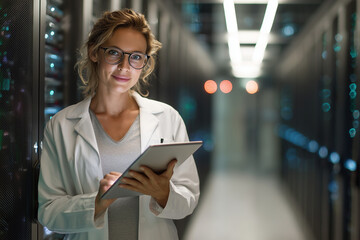 Confident female IT engineer in a white lab coat using a tablet in a modern data center aisle, monitoring servers and managing network infrastructure.