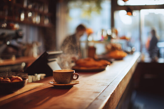 Steaming coffee cup on a rustic wooden counter in a cozy sunlit café, warm morning atmosphere with blurred background, pastries and soft bokeh