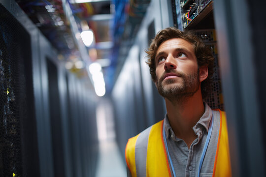 Focused IT Technician Inspecting Server Racks in a Modern Data Center — Network Infrastructure, Maintenance and Cloud Systems - Powered by Adobe