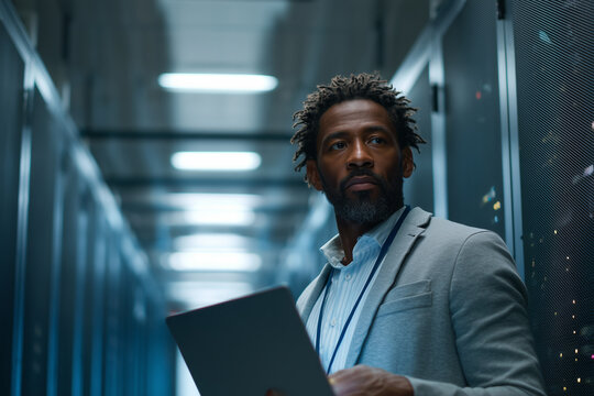 Experienced IT engineer inspecting server racks in a modern data center, holding a tablet and monitoring network performance and infrastructure security.