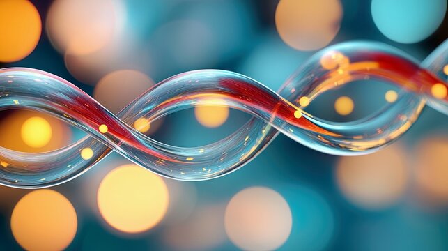 An abstract image of a DNA strand with glowing particles and a bokeh background.