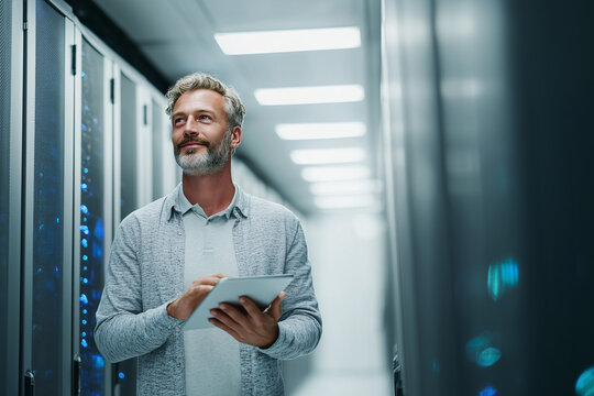 Confident IT engineer with tablet inspecting server racks in a sleek data center aisle — modern technology professional managing digital infrastructure - Powered by Adobe