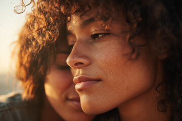 Sunlit intimate close-up of two young women with curly hair and freckles sharing a tender, warm moment of friendship and quiet connection at golden hour