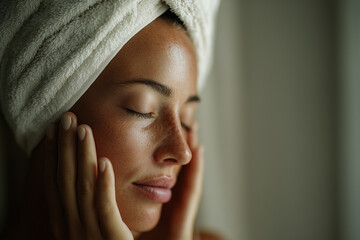 Serene close-up of a woman with a towel wrapped on her head enjoying a calming skincare moment — glowing freckled skin, eyes closed and hands cupping cheeks