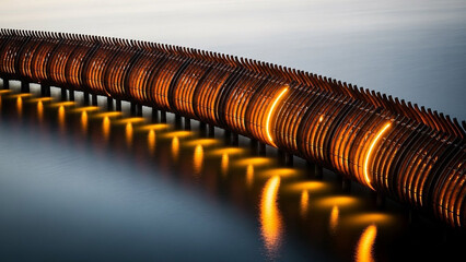 Dramatic architectural bridge glows over water, a modern landmark with striking reflections, perfect for travel brochures and contemporary design blogs