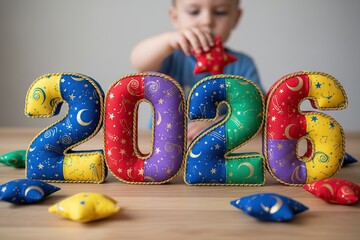 A colorful fabric number featuring star patterns, suitable for decorative or educational purposes..2026.