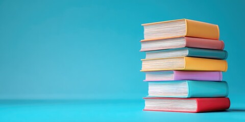 A stack of colorful books with textured pages sits on a blue surface. Soft lighting highlights