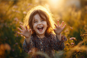 Joyful little girl laughing and reaching out in a sunlit wildflower meadow at golden hour — candid childhood portrait radiating warmth, innocence and play