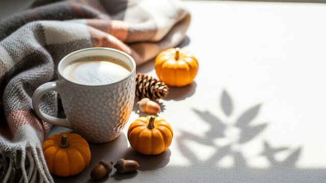 Cozy autumn vibes with warm coffee, pumpkins, plaid blanket, and morning light creating a relaxing seasonal atmosphere perfect for fall promotions
