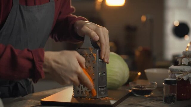 In a warm kitchen, a person is grating bright orange carrots for a delicious meal. The scene captures the essence of home cooking with various ingredients nearby