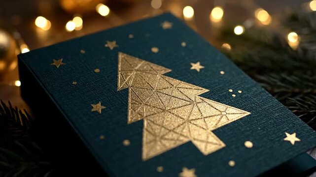 Festive Teal Christmas Card Adorned with Gold Embossed Tree and Stars Surrounded by Blurry Warm Lights and Pine Needles Offering a Cozy Holiday Atmosphere