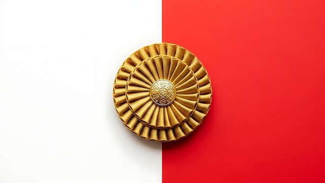 Ornate golden decorative element with radiating petal like patterns on a split white and red background