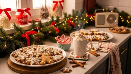 Festive kitchen scene with cookies, hot cocoa, & holiday decor