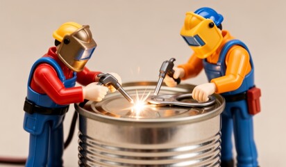 Toy figures engage in welding activity on a tin can during a creative miniature workshop