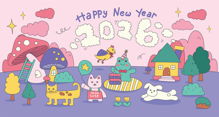 Fototapeta premium Cute Happy New Year 2026 Illustration Banner Design. Adorable Pastel Colored New Year scenes Featuring Cute Animals. Perfect for Greeting cards, social media posts, wall prints, and calendars