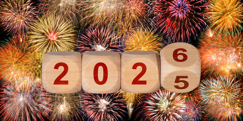 Neujahr und Silvester mit Jahreswechsel von 2025 auf 2026 mit Feier, Party und Feuerwerk - digital...