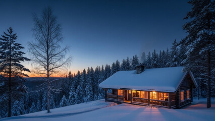 Cozy wooden cabin bathed in warm light, nestled within a serene snow-covered forest during a tranquil winter sunset, evoking peacefulness and natural beauty in a remote, cold landscape