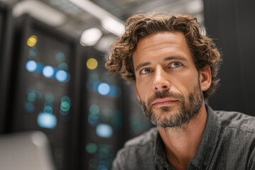 Thoughtful IT engineer in a data center surrounded by server racks and glowing network lights, portrait of a focused technology professional